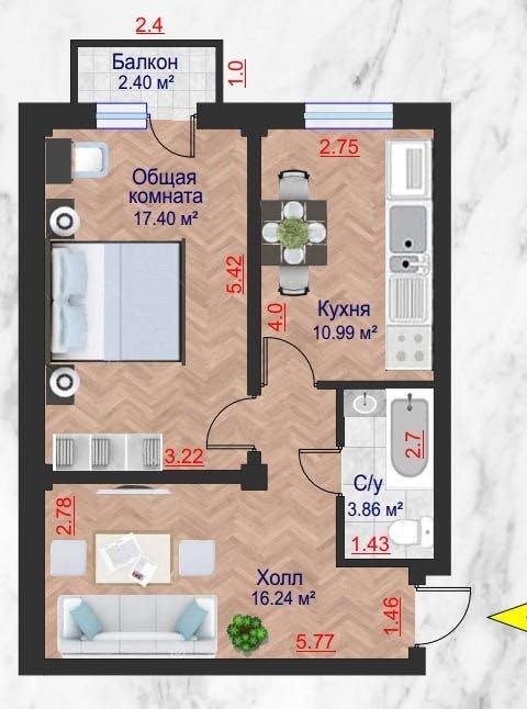 1-room apartment, 50.89 m²