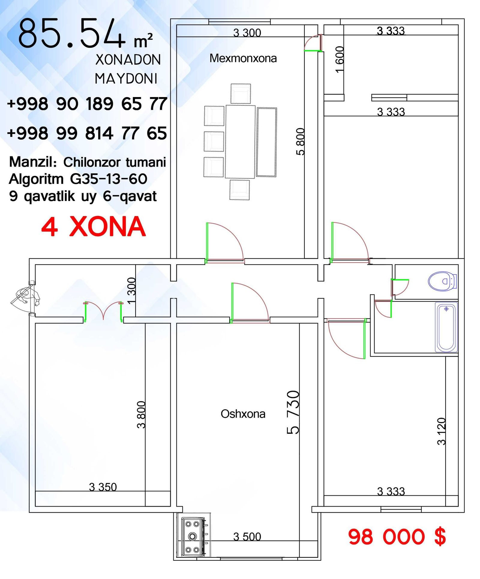 4-room apartment, 86 m², 6/9 floor, Tashkent, Chilanzar District, for sale