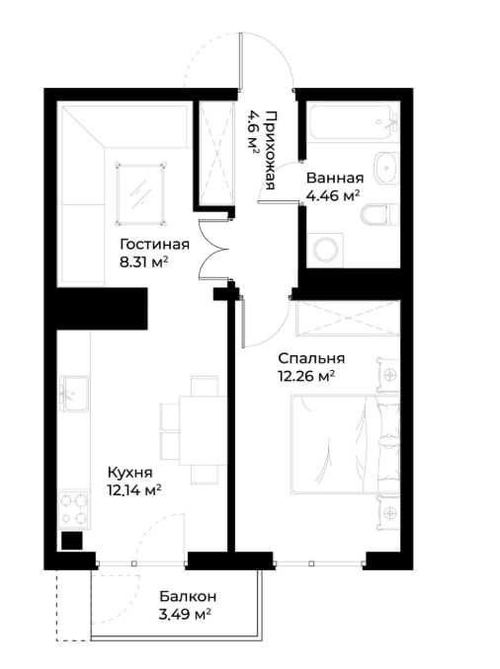 2-комнатная квартира, 43.4 м²
