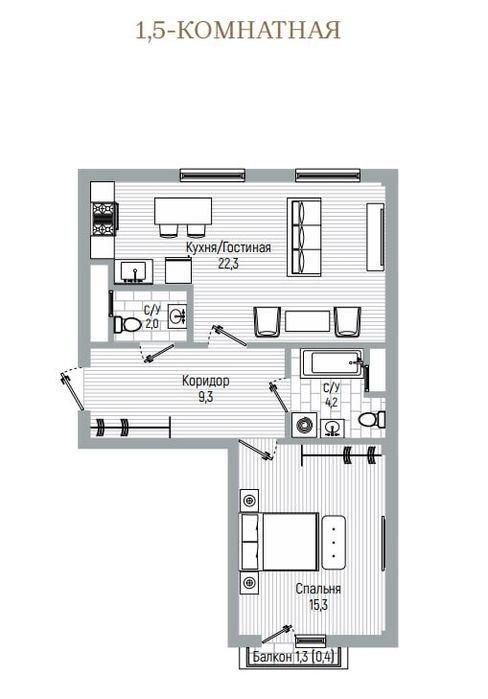 2-комнатная квартира, 54.4 м²
