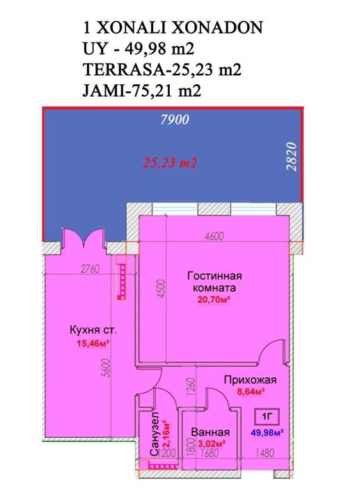 1-room apartment, 75.21 m²