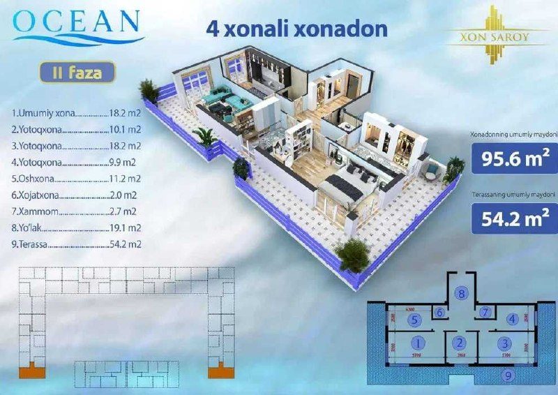 4-комнатная квартира, 108 м², 1/16 эт, Ташкент, Юнусабадский район, на продажу