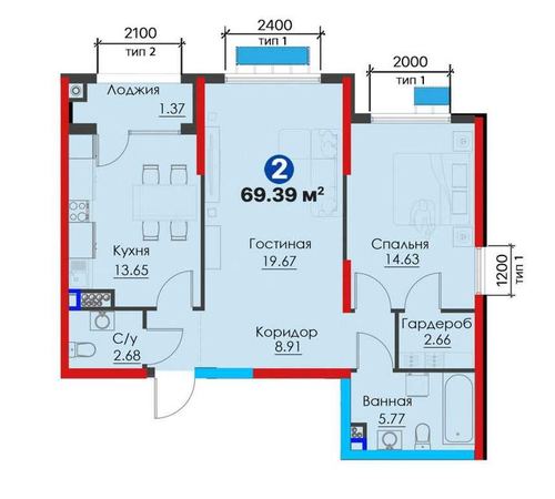2-комнатная квартира, 69.39 м²