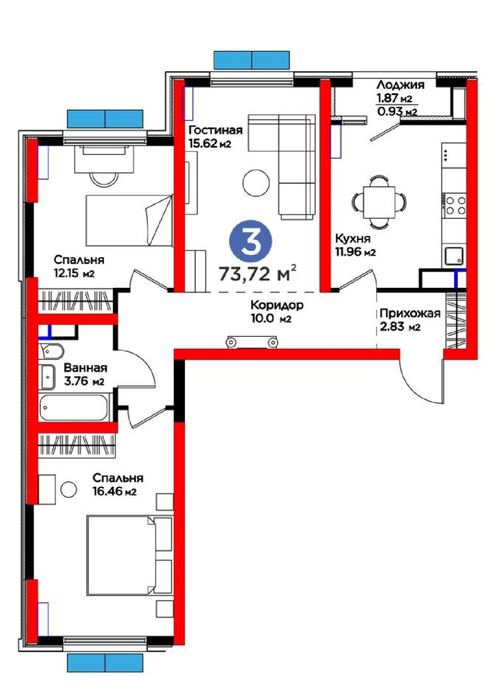 3-комнатная квартира, 74 м²