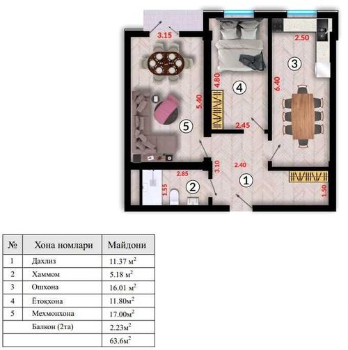 3-комнатная квартира, 63.6 м²