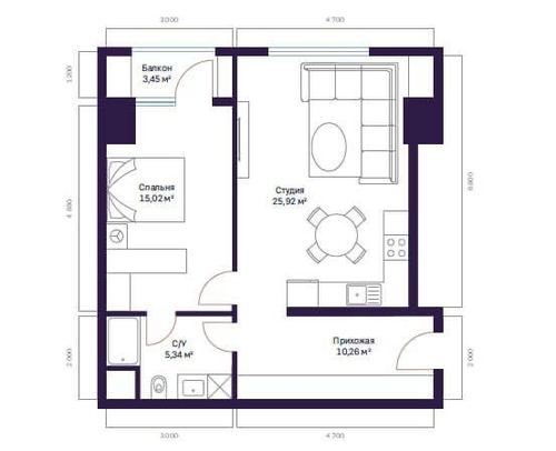 3-room apartment, 58.55 m²