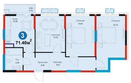 3-room apartment, 71.4 m²