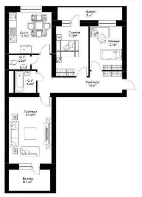 3-room apartment, 90 m²