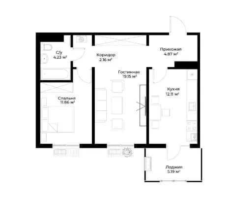 2-комнатная квартира, 59.33 м²