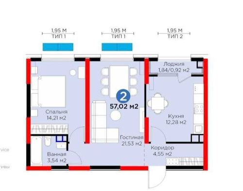 2-room apartment, 57 m²