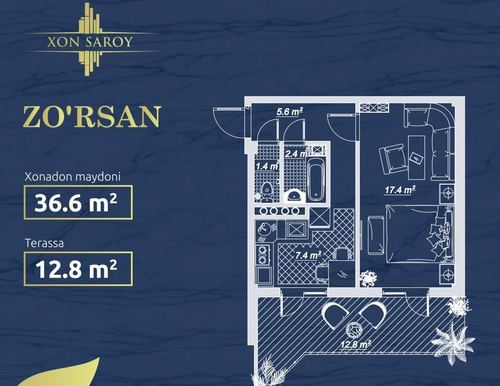 1-комнатная квартира, 36.6 м²