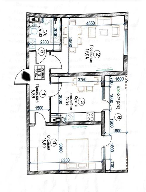 2-xonali kvartira, 39 m²