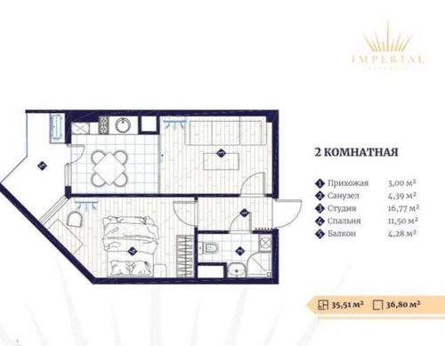 2-xonali kvartira, 37 m²