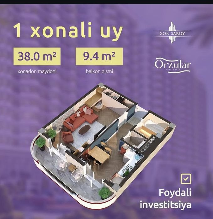 1-комнатный дом, 47 м², Ташкент, Алмазарский район, на продажу