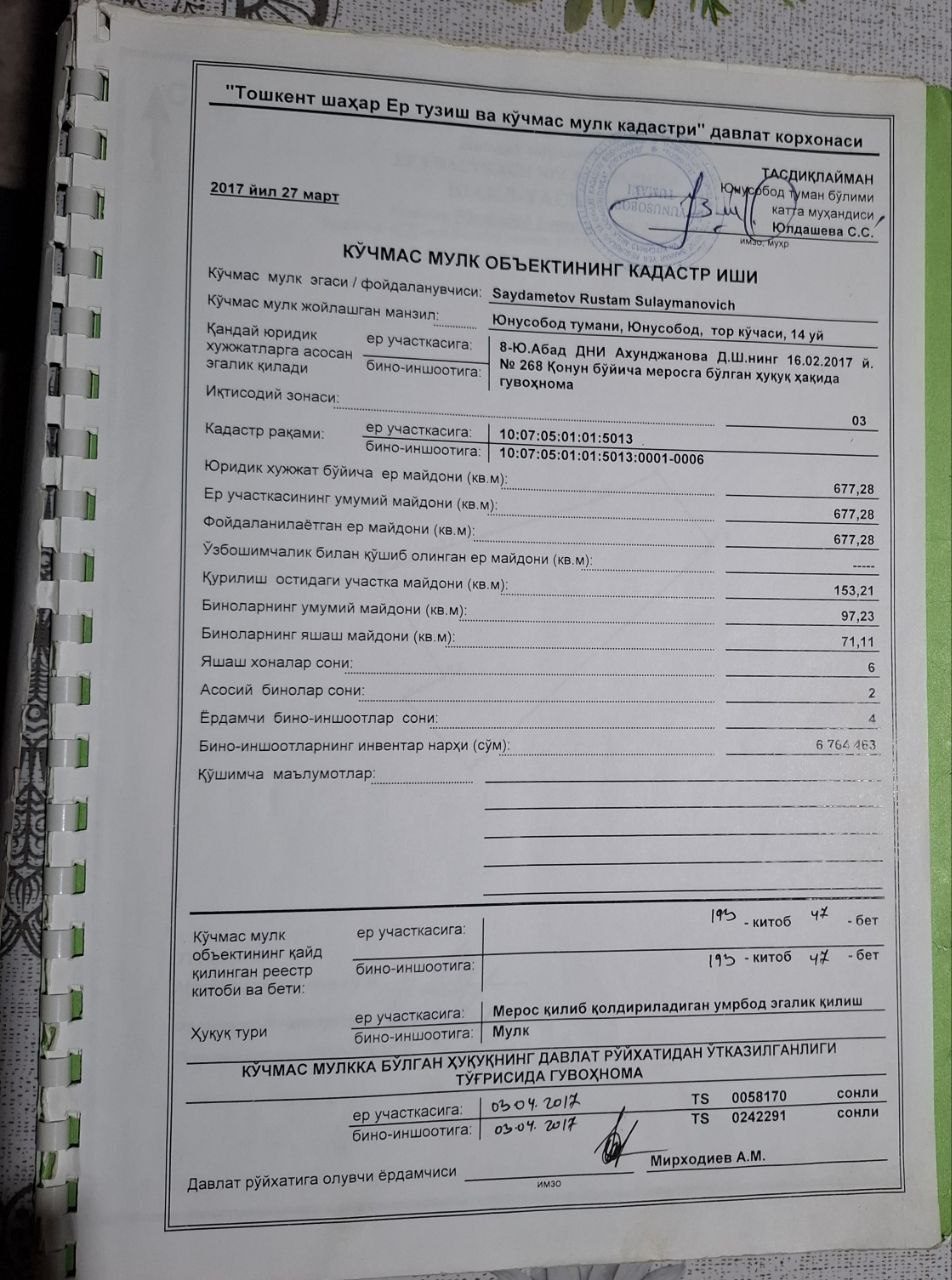 Земельный участок продается, расположен в Юнусабаде
