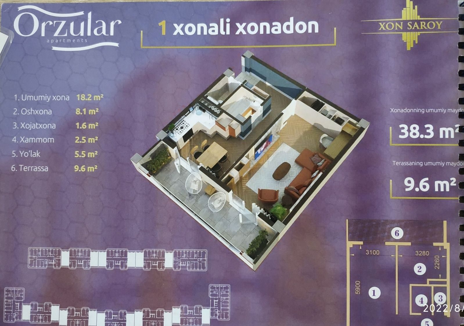 1-xonali kvartira, 38.3 m², Toshkent, Yunusobod tumani, sotuvga