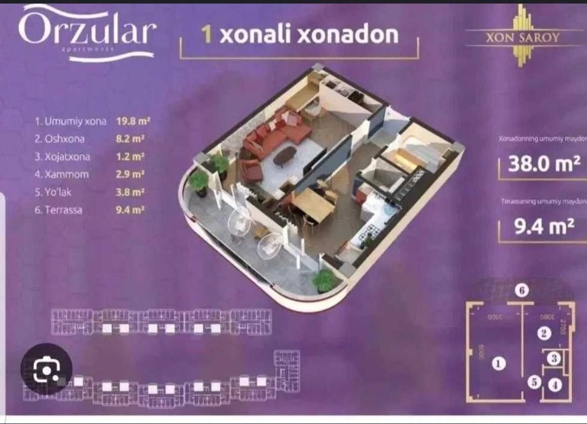 1-xonali kvartira, 38 m², Toshkent, Yunusobod tumani, sotuvga