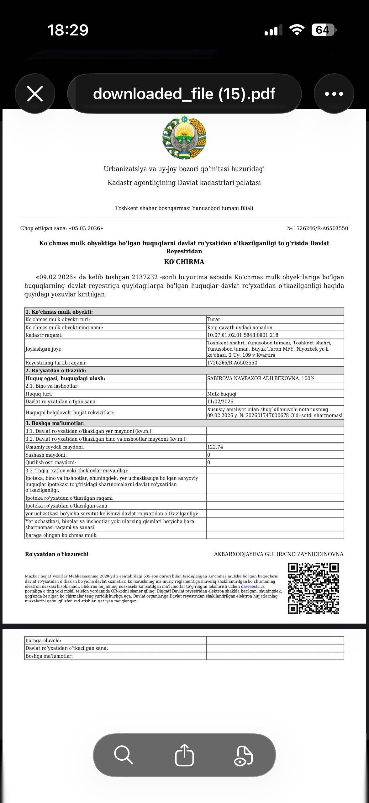 4-xonali kvartira, 122 m², Toshkent, Yunusobod tumani, sotuvga