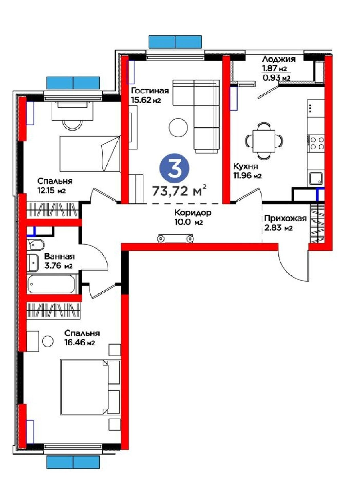 3-xonali kvartira, 74 m², Toshkent, Olmazor tumani, sotuvga