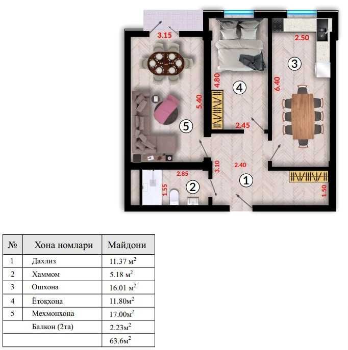 3-room apartment, 63.6 m², Tashkent, Uchtepa District, for sale