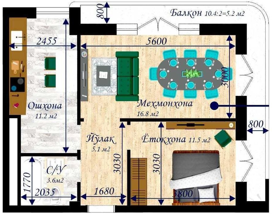 2-комнатная квартира, 61.1 м², Зарафшан, на продажу