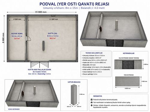 120 kv Podval ijara arendaga beriladi Arzon narxda ( Sklad, sex, yer )