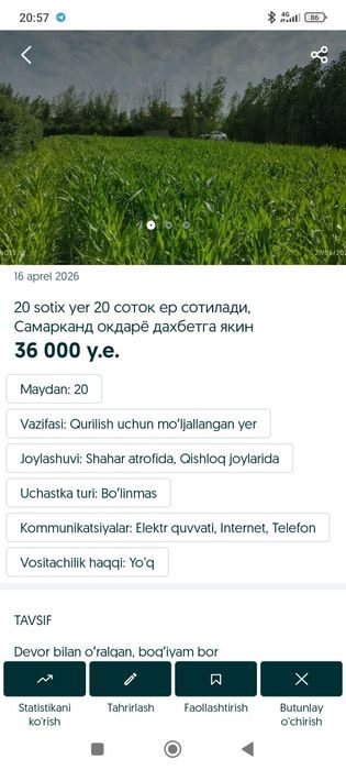 20 sotix yer 20,. соток ер сотилади, Самарканд окдарё дахбетга якин