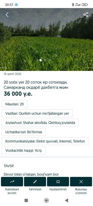 20 sotix yer 20,. соток ер сотилади, Самарканд окдарё дахбетга якин