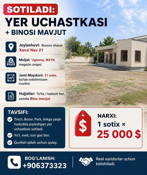 SOTILADI: Yer uchastkasi + bino bilan birga