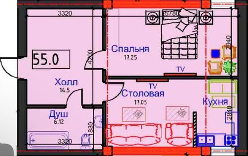 2-комнатная квартира, 55 м²