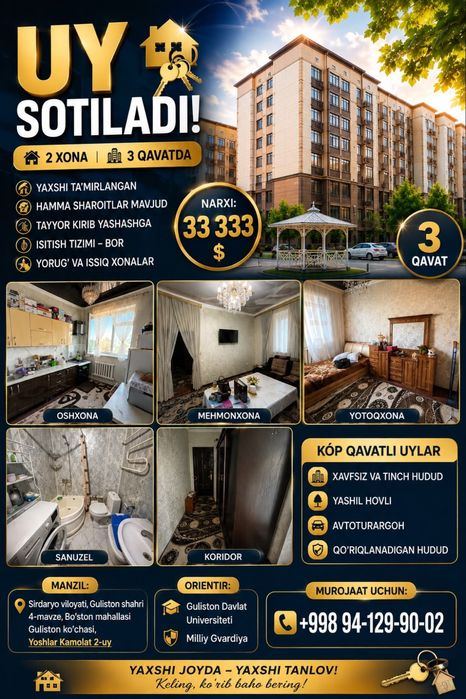 2-xonali kvartira, 55 m²