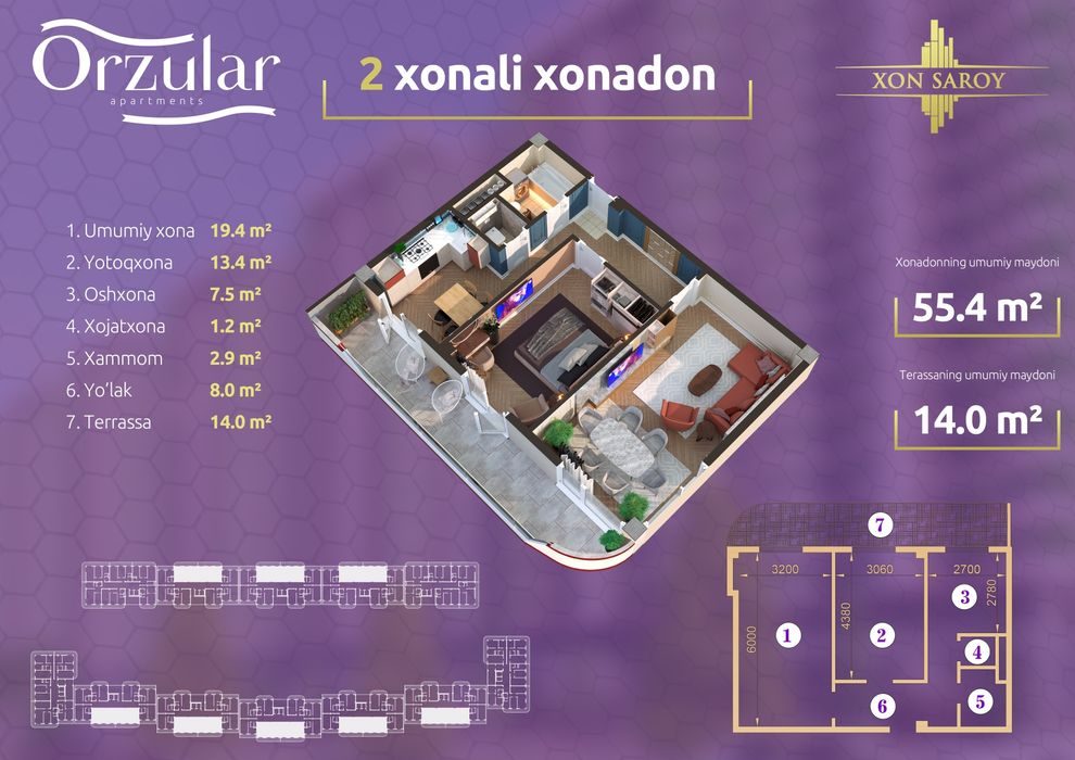 2-room apartment, 70 m², Gulistan, for sale