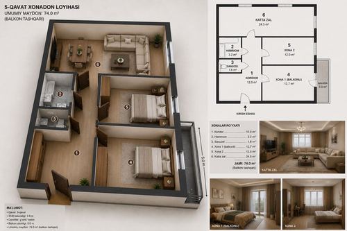3-xonali kvartira, 74 m²