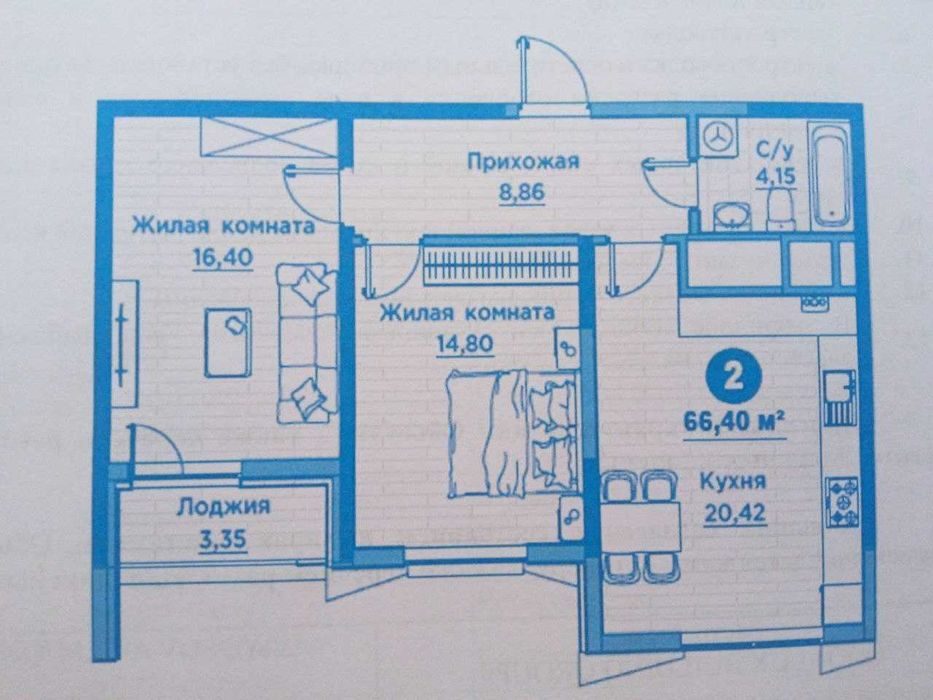 2-xonali kvartira, 66.4 m², Toshkent, Mirzo Ulug‘bek tumani, sotuvga