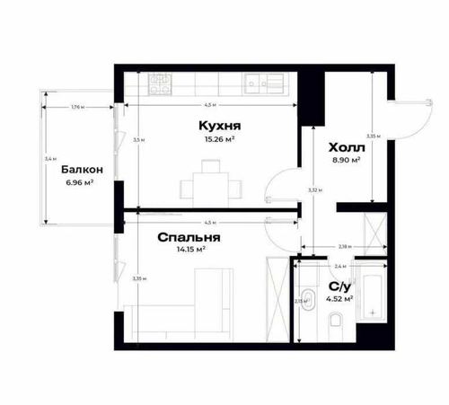 1-комнатная квартира, 41 м²