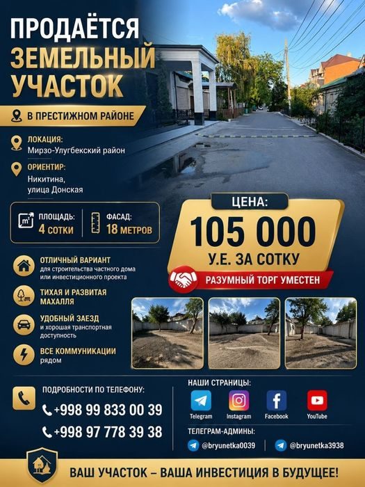 Никитина, Мирзо-Улугбекский район продается земельный участок 4-соток