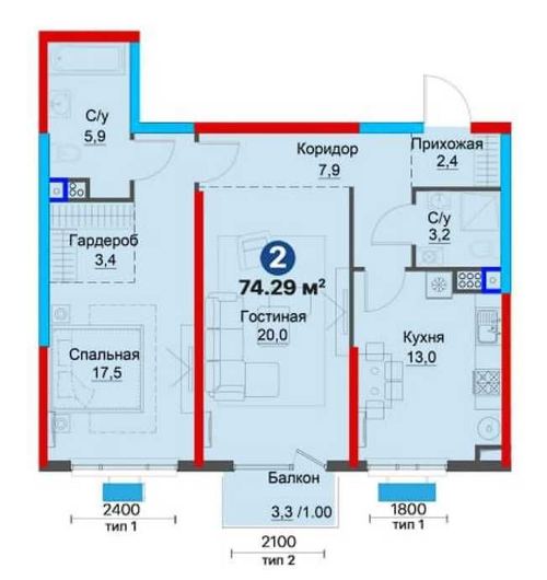 2-room apartment, 75.54 m²