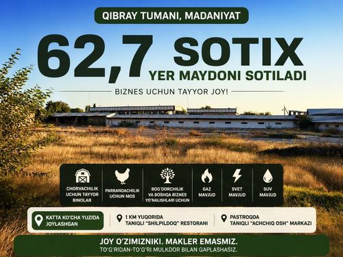 Qibray, Madaniyatda 62,7 sotix tayyor biznes hududi — ko‘cha yuzida!