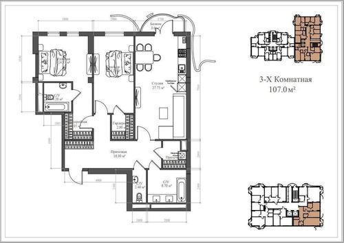 3-xonali kvartira, 104.68 m²