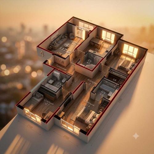 4-xonali kvartira, 117.6 m²