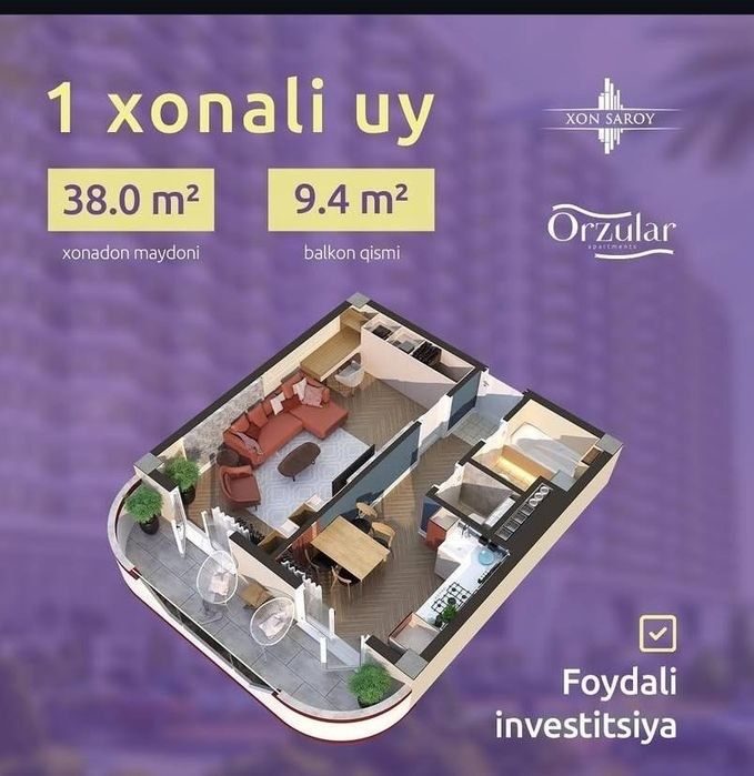 1-room apartment, 47.4 m², Tashkent, Bektemir District, for sale