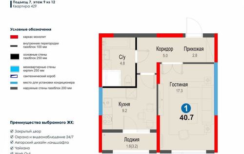 1-room apartment, 40.7 m²