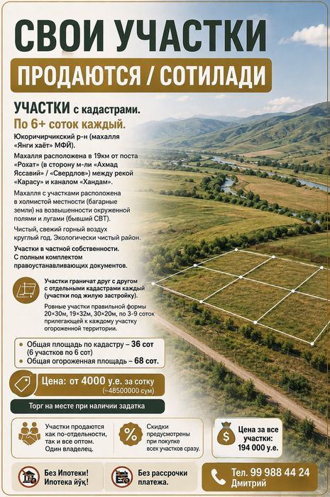 Участки под жилье, застройку, ферму. сад, склад