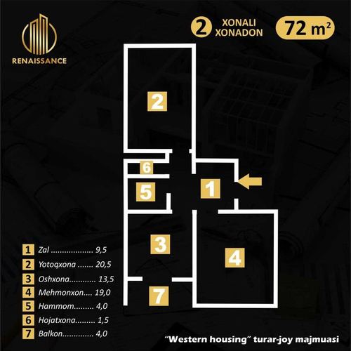 2-room apartment, 72 m²
