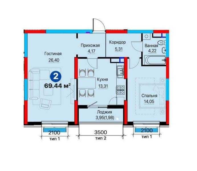 2-room apartment, 50 m², Tashkent, Almazar District, for sale