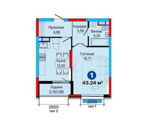 2-комнатная квартира, 50 м²