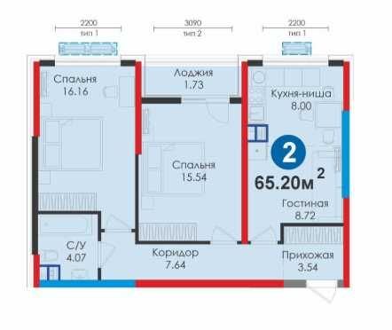 3-xonali kvartira, 66 m²