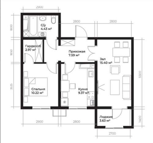 2-room apartment, 54 m²