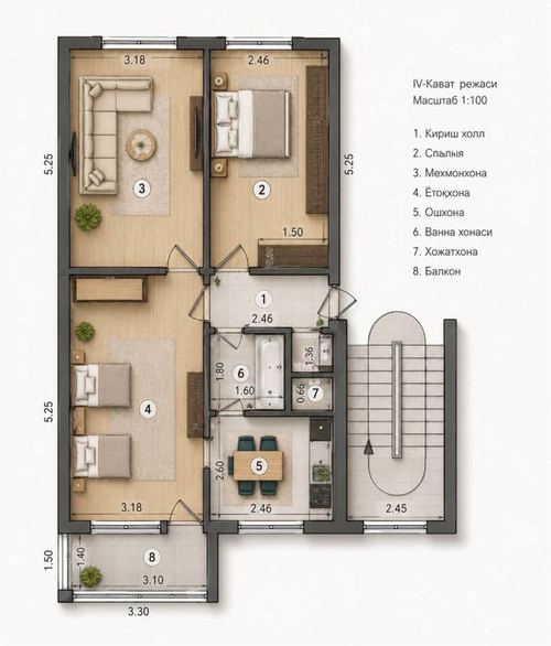 3-xonali kvartira, 64 m²