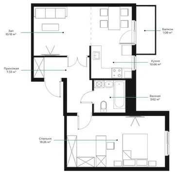 2-xonali kvartira, 50 m²